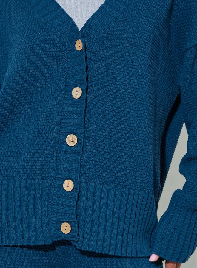 Styli  Blue Textured Knit Cardigan And Wide-Leg Trousers Set for Women | Best Price UAE