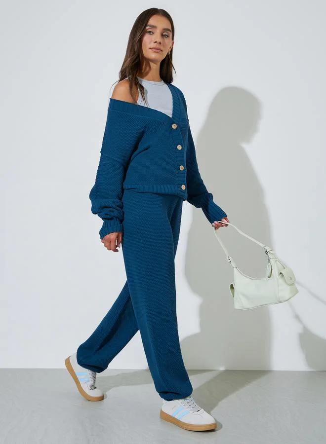 Blue Textured Knit Cardigan And Wide-Leg Trousers Set