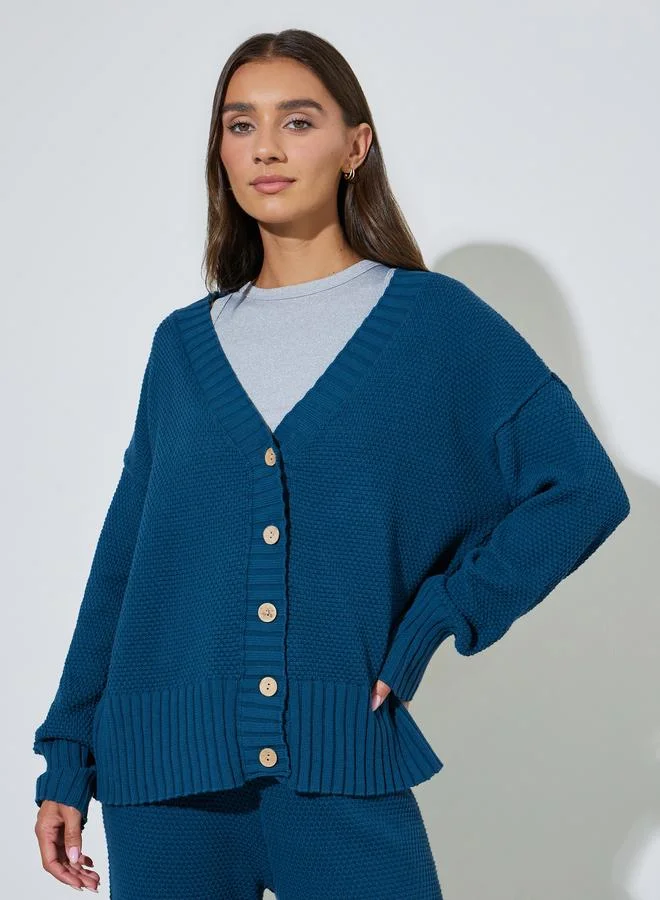 Styli  Blue Textured Knit Cardigan And Wide-Leg Trousers Set for Women | Best Price UAE
