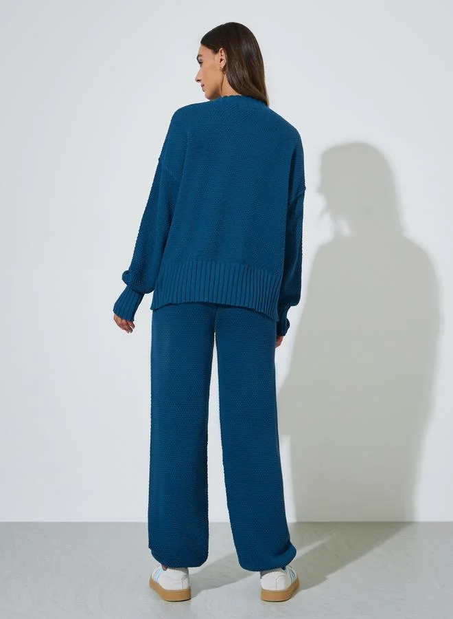 Styli  Blue Textured Knit Cardigan And Wide-Leg Trousers Set for Women | Best Price UAE
