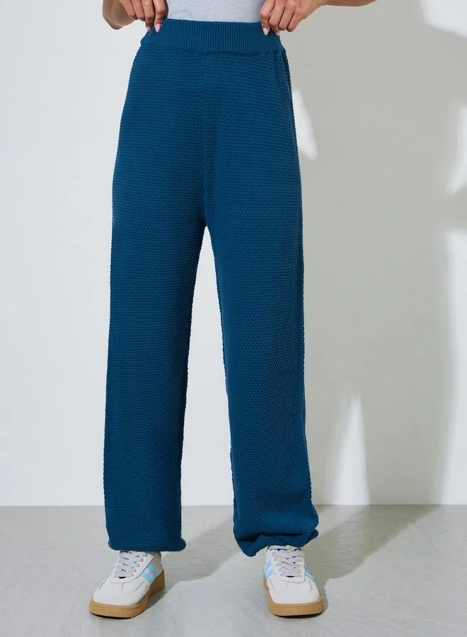Styli  Blue Textured Knit Cardigan And Wide-Leg Trousers Set for Women | Best Price UAE
