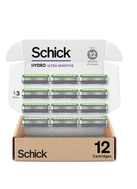 Schick Hydro Ultra Sensitive Razor Refills, 12ct | Razor Blades Refills, Razor Blades for Men, Shaving Blades for Men, Hydro Razor Blades Refill, 3 Blade Razor Heads, 12 Refills