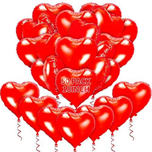 kortes Red Heart Balloons 50Pcs 18inch Foil Heart Balloon Valentine Day Balloons Room Decorations Kit Party Props Decor Love Balloons Red Valentines Day Heart Balloons - Image 1