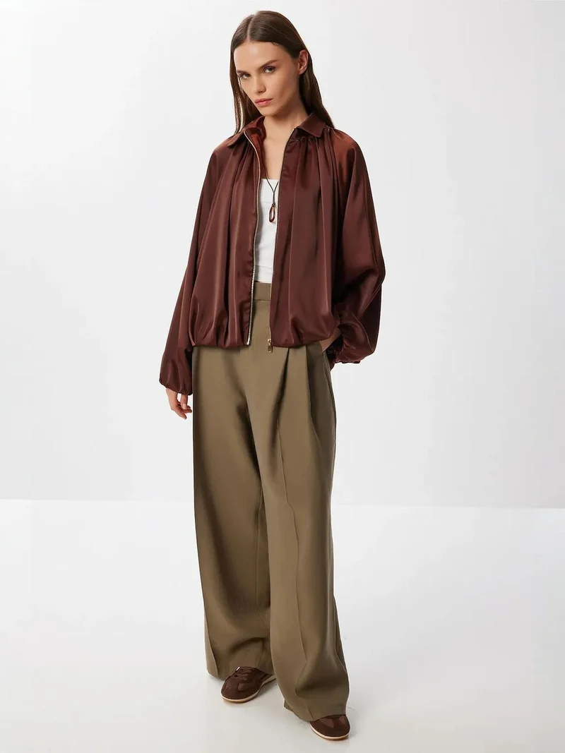 Lovely Istanbul ISTANBUL Satin Weave Bomber Jacket with Zipper Closure