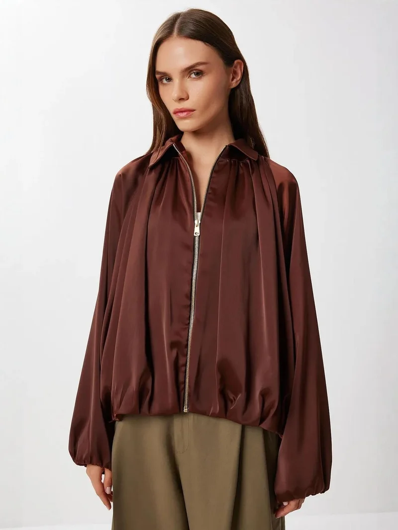 Lovely Istanbul ISTANBUL Satin Weave Bomber Jacket with Zipper Closure