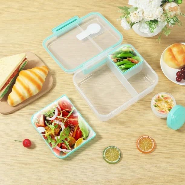 KEYOZA Bento Lunch Box Office 3 Compartment Lunch Box Set Snack Pot Safety Lock Airtight Tiffin Containers 1650ml Transparent BPA Free 1Piece Teal Mint - Image 2