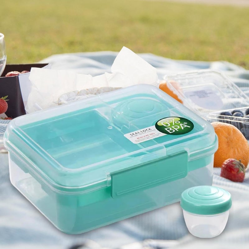 KEYOZA Bento Lunch Box Office 3 Compartment Lunch Box Set Snack Pot Safety Lock Airtight Tiffin Containers 1650ml Transparent BPA Free 1Piece Teal Mint - Image 1