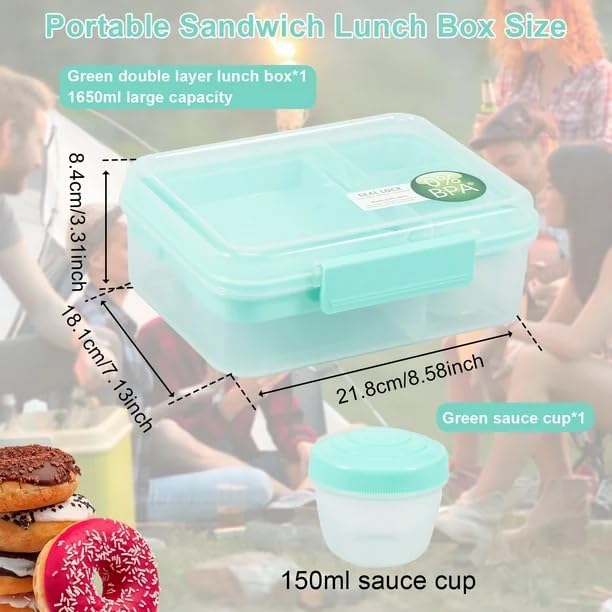 KEYOZA Bento Lunch Box Office 3 Compartment Lunch Box Set Snack Pot Safety Lock Airtight Tiffin Containers 1650ml Transparent BPA Free 1Piece Teal Mint - Image 3