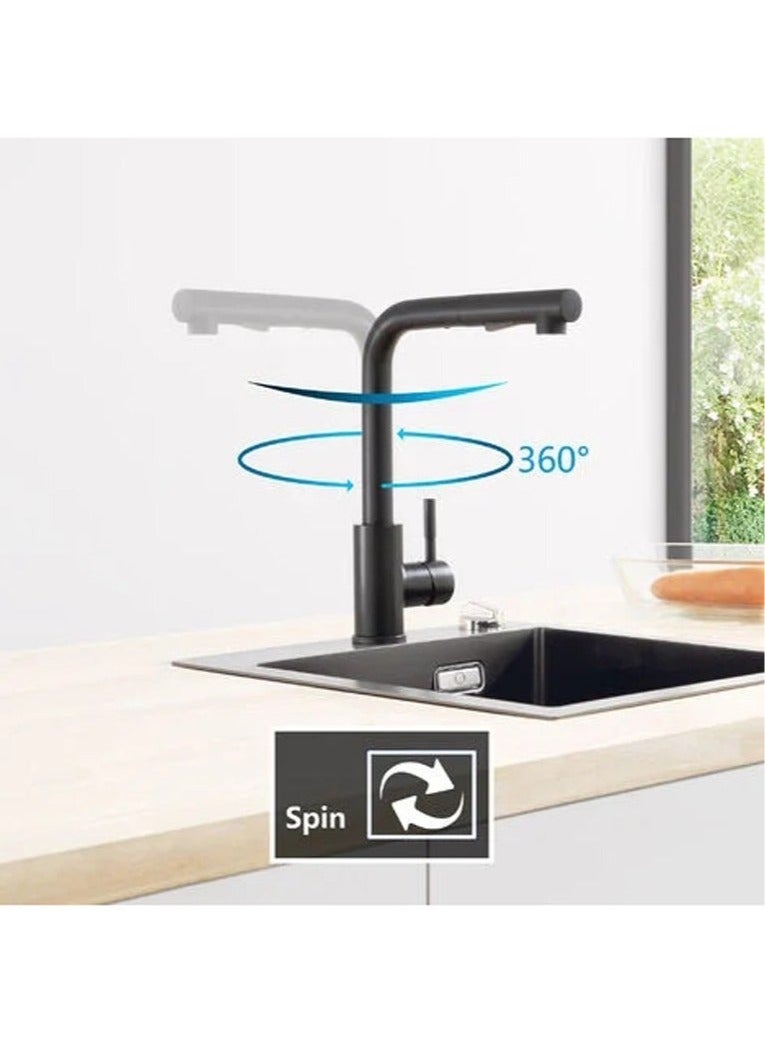 صنبور مطبخ أسود مع بخاخ قابل للسحب، صناعي تجاري 304، رافعة من الفولاذ المقاوم للصدأ، دوران 360 درجة، وضعان للرش، صنبور حوض المطبخ، معدات المطبخ - Image 3