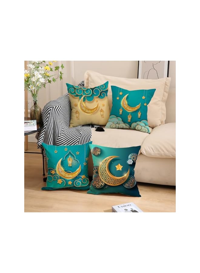 The Bros Ramadan Pillow Cove 4Pcs Eid Cushion Cover 18x18'' Moon Printing Throw Pillow Covers Set Double Sided Pillow Covers Decor for Couch Sofa (B) - Image 2
