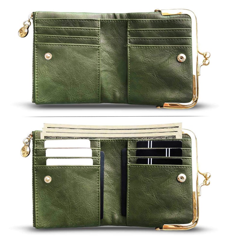 AOXONEL Womens Wallet Small Rfid Ladies Compact Bifold Leather Vintage Coin Purse With Zipper and Kiss Lock (Green) - Image 2