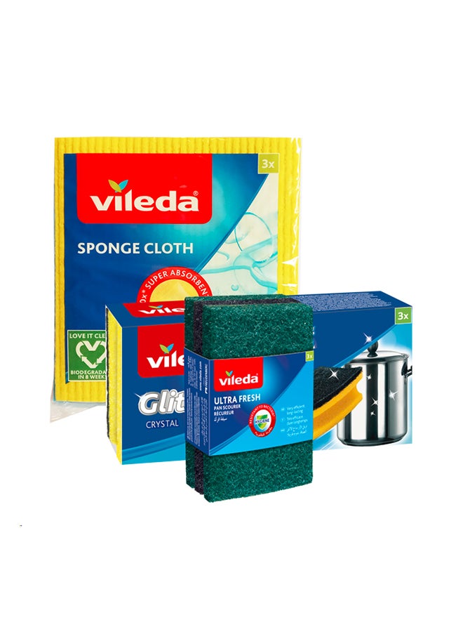 Vileda Vileda Sponge Cloth 3 Pcs  + Glitzi High Foam Scourer 3Pcs + Ultra Fresh Scourer Pad  3Pcs - Image 1