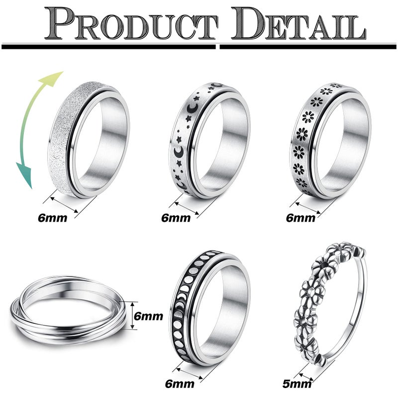 FUNRUN JEWELRY 6Pcs Stainless Steel Fidget Anxiety Ring for Women Men Fidget Spinner Rings Moon Star Celtic Stress Relieving Spinning Ring Wedding Band Rings Set Size 8 - Image 2