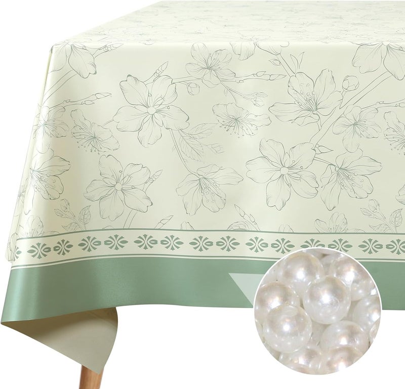 FAVE Rectangle Tablecloth Leather Table Cloth for Kitchen Dining Table Floral Waterproof Tablecloth Cover for Rectangle Table White TableclothGreen Floral 52x70 - Image 1