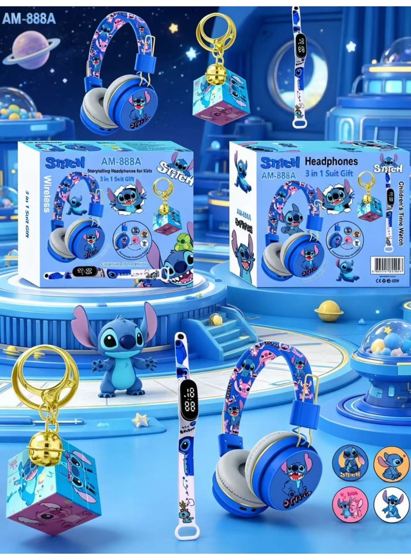 Stitch Kids Bluetooth Headset with 3-in-1 Gift Set for Children - 【Kids Bluetooth Headset】with Digital Clock and Rotating Rubik's Cube Keychain - Model AM-888A - Blue