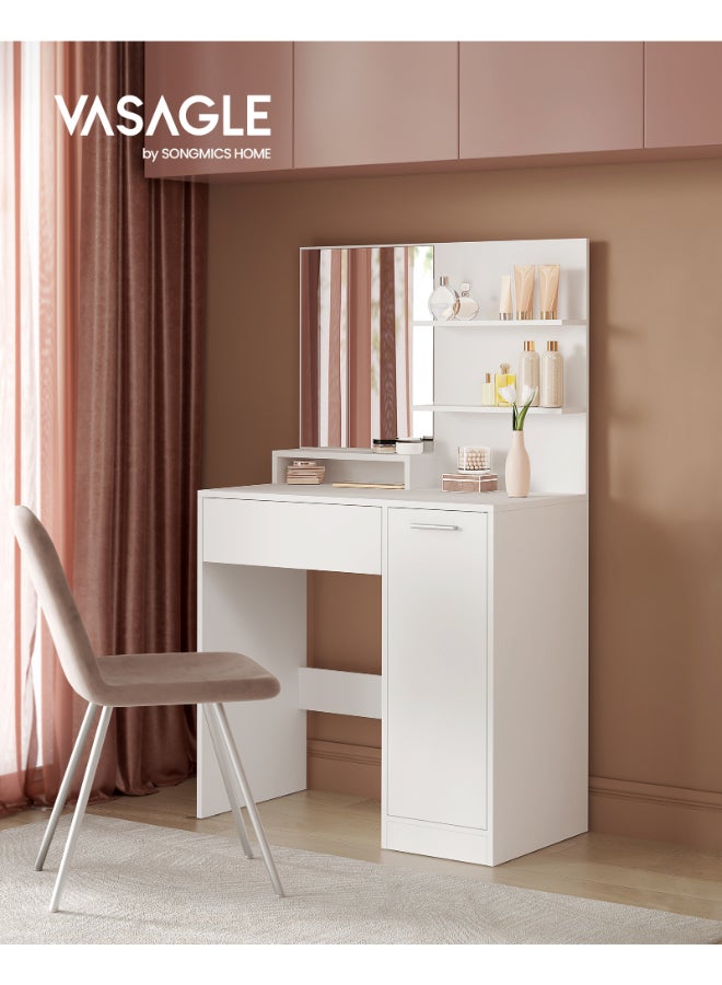 VASAGLE Dressing Table, Vanity Table with Large Mirror, Cabinet with 2 Adjustable Shelves, 1 Drawer, 2 Open Shelves, Modern Makeup Table, White - Image 2