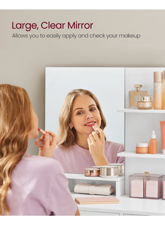 VASAGLE Dressing Table, Vanity Table with Large Mirror, Cabinet with 2 Adjustable Shelves, 1 Drawer, 2 Open Shelves, Modern Makeup Table, White - Image 5