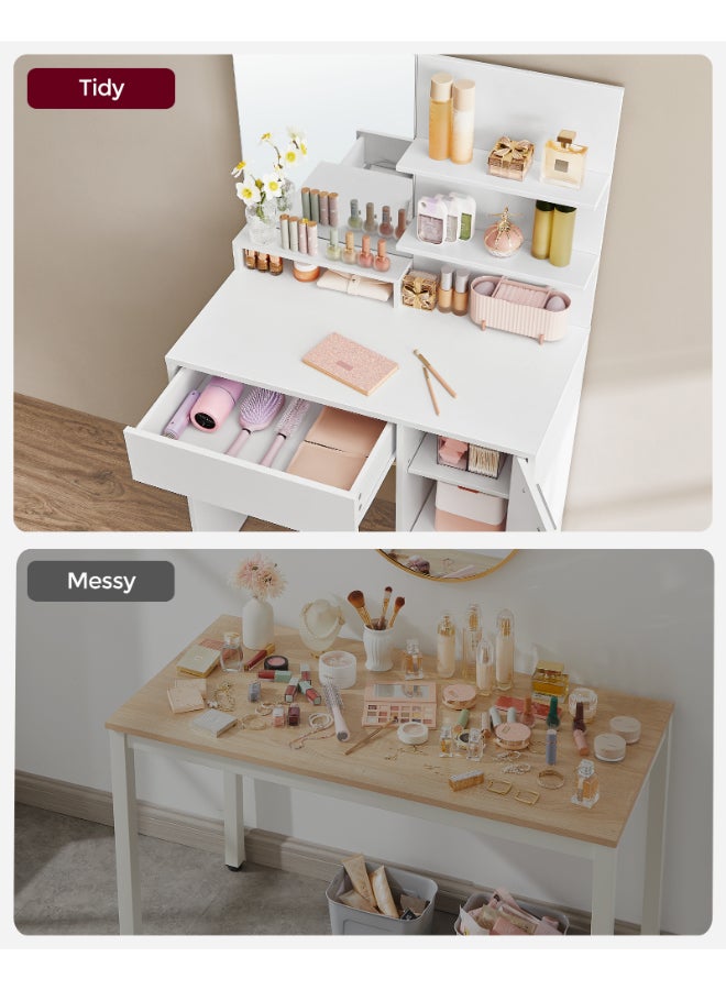 VASAGLE Dressing Table, Vanity Table with Large Mirror, Cabinet with 2 Adjustable Shelves, 1 Drawer, 2 Open Shelves, Modern Makeup Table, White - Image 4