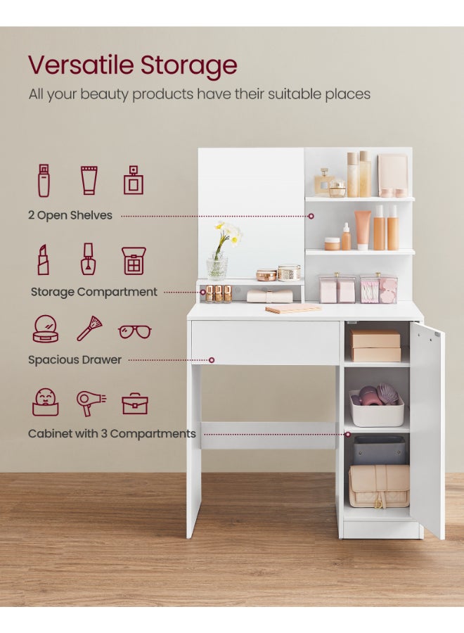 VASAGLE Dressing Table, Vanity Table with Large Mirror, Cabinet with 2 Adjustable Shelves, 1 Drawer, 2 Open Shelves, Modern Makeup Table, White - Image 3