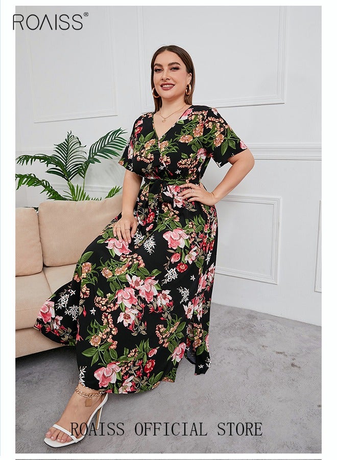 roaiss Women's Large Size Floral Print Dress with Waist Belt Midi Long Dress High Waist Design V-Neck Short Sleeve Waist Tie Ruffle Dresses for Casual Dating Party Black  - Image 3