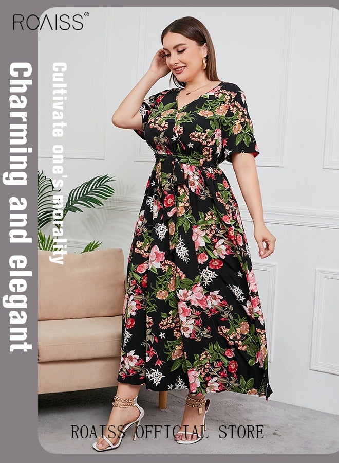 roaiss Women's Large Size Floral Print Dress with Waist Belt Midi Long Dress High Waist Design V-Neck Short Sleeve Waist Tie Ruffle Dresses for Casual Dating Party Black  - Image 1