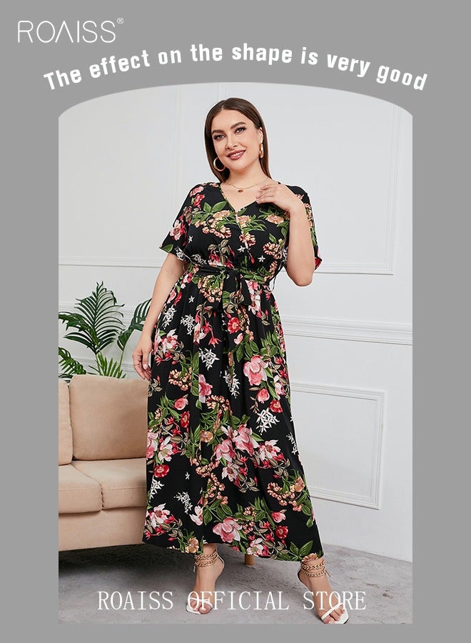 roaiss Women's Large Size Floral Print Dress with Waist Belt Midi Long Dress High Waist Design V-Neck Short Sleeve Waist Tie Ruffle Dresses for Casual Dating Party Black  - Image 4