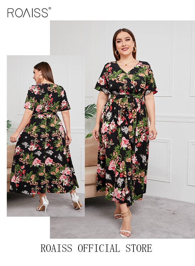 roaiss Women's Large Size Floral Print Dress with Waist Belt Midi Long Dress High Waist Design V-Neck Short Sleeve Waist Tie Ruffle Dresses for Casual Dating Party Black  - Image 2