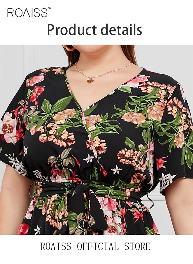 roaiss Women's Large Size Floral Print Dress with Waist Belt Midi Long Dress High Waist Design V-Neck Short Sleeve Waist Tie Ruffle Dresses for Casual Dating Party Black  - Image 5