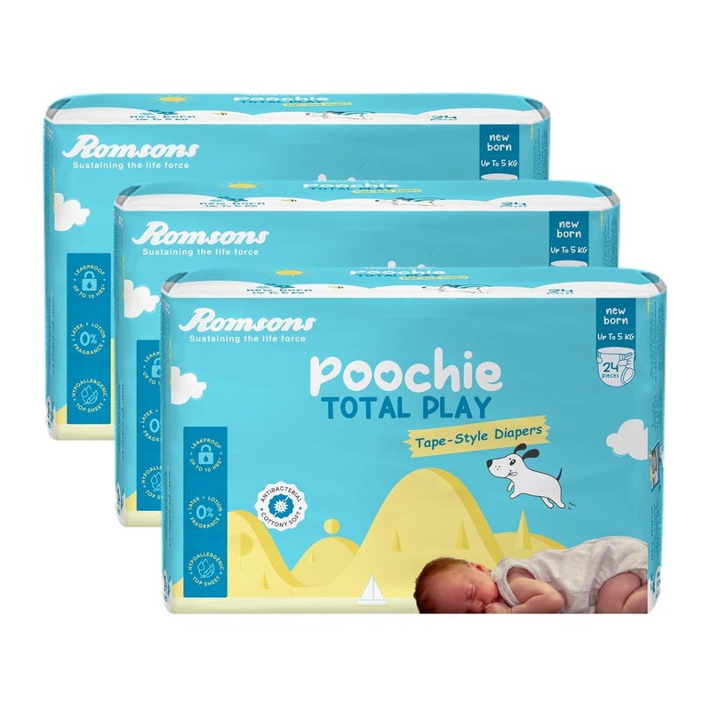 Romsons Poochie Total Play Newborn Tape Style Baby Diapers - 72 Pieces | Suitable for Up To 5 KG | Antibacterial | Cottony Soft and Leakproof Upto 10 Hrs. - Image 1