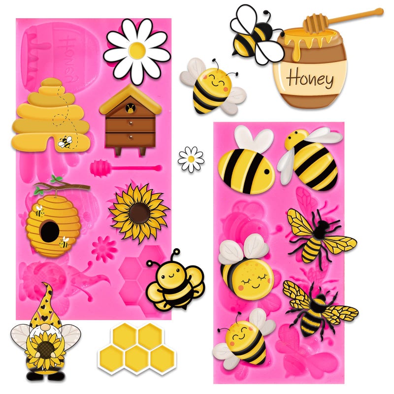 Whaline Bumble Bee Fondant Molds 3D Silicone Moulds Sunflowers Honey Pattern Resin Molds Honeycomb Bumblebee Cupcake Cookie Baking Decorating Moulds for Spring Summer Party DIY Candy2Pcs