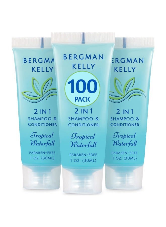 Bergman Kelly - Travel Size 2 in 1 Shampoo & Conditioner - 1 fl oz, 100 PK, Tropical Waterfall - Delight Your Guests w/Invigorating & Refreshing Shampoo Amenities - Small Hotel Toiletries in Bulk - Image 1