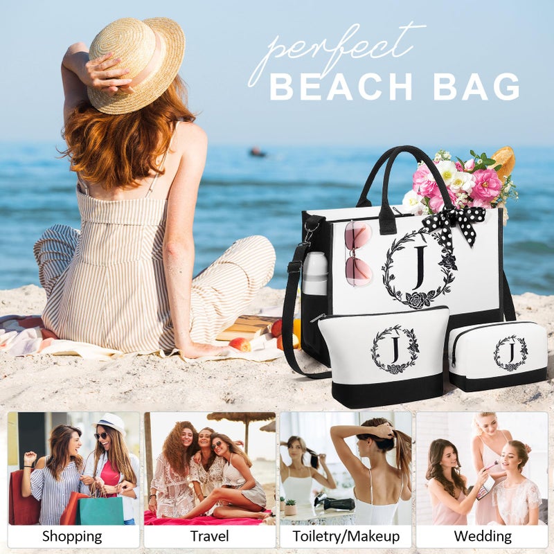 FLOE Personalized Gifts for Women, Initial Canvas Tote Bag & Makeup Bag Monogrammed Beach Tote Bags for Women w/Zipper, Easter Gift Bags Mothers Day Birthday Gifts for Mom Her Sister Best Friend Teacher - Image 4