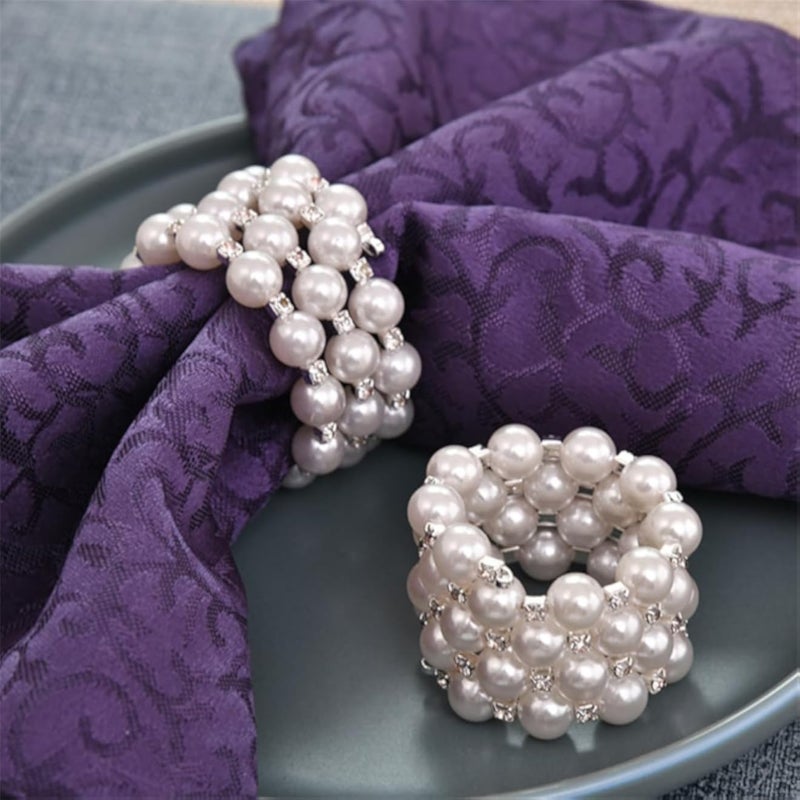 White Pearl Napkin Rings Set of 6,Rhinestones Napkin Ring Holders for Cloth Napkins, Silver Napkin Ring Buckles Bulk for Wedding Receptions, Easter Holiday Party Dinner Table Settings (Round-6pcs)