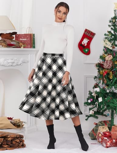 IDEALSANXUN Women’s Plaid Skirt Elastic Waist A-line Midi Pleated Skirts (Medium, Plaid Black&White) - Image 2