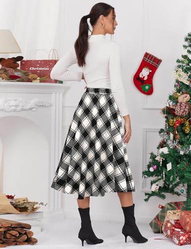 IDEALSANXUN Women’s Plaid Skirt Elastic Waist A-line Midi Pleated Skirts (Medium, Plaid Black&White) - Image 3