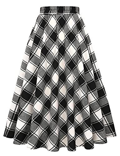IDEALSANXUN Women’s Plaid Skirt Elastic Waist A-line Midi Pleated Skirts (Medium, Plaid Black&White) - Image 1