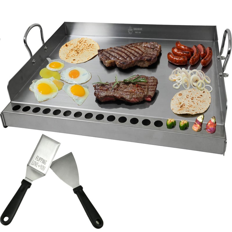 Sogawave 24X16 Inch Stainless Steel Flat Top Grill Plate with Builtin Jalapeo Rack ProGrade Griddle for Gas  Charcoal Grills Ideal for Outdoor Family Cookouts 