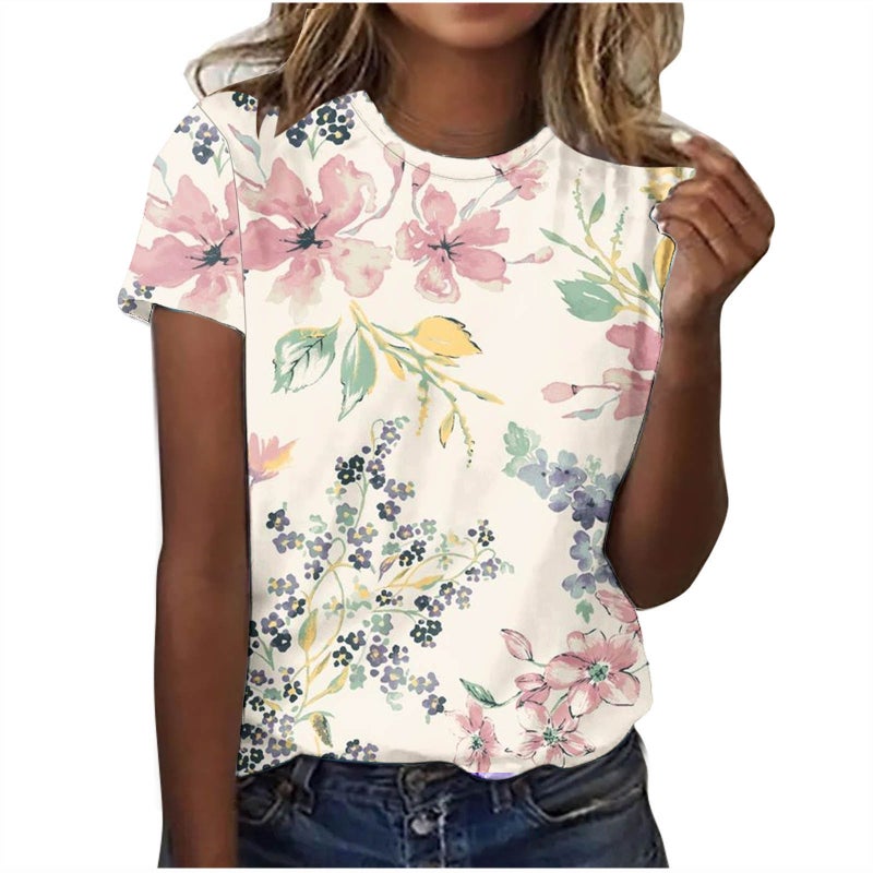 2024Temu Explosions Women'S Crewneck T-Shirt Trend Digital Printing Short Sleeve Factory - Image 1