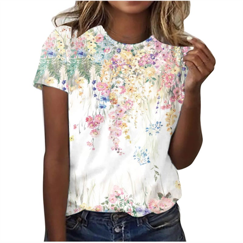 2024Temu Explosions Women'S Crewneck T-Shirt Trend Digital Printing Short Sleeve Factory - Image 2