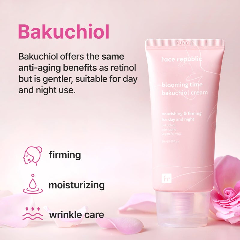 Face Republic Blooming Time Bakuchiol Cream 50ml 1.69 fl oz | Day & Night Nourishing Cream, Wrinkle Care | Bakuchiol, Adenosine | Firm, Elastic, Plump Skin | Cruelty-Free Vegan Korean Skin Care - Image 3