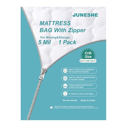 JUNESHE Crib Mattress Storage Bag with Zipper -5 Mil Plastic Waterproof Crib Mattress Bag for Moving and Storage - Image 1