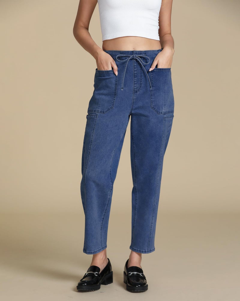 luvamia Blue Jeans for Women High Waisted Pull On Jeans for Women Women's Relaxed Fit Barrel Leg Pants Womens Stretchy Denim Cute Baggy Pants Medium Blue Size Medium Fits US 8-10 - Image 2