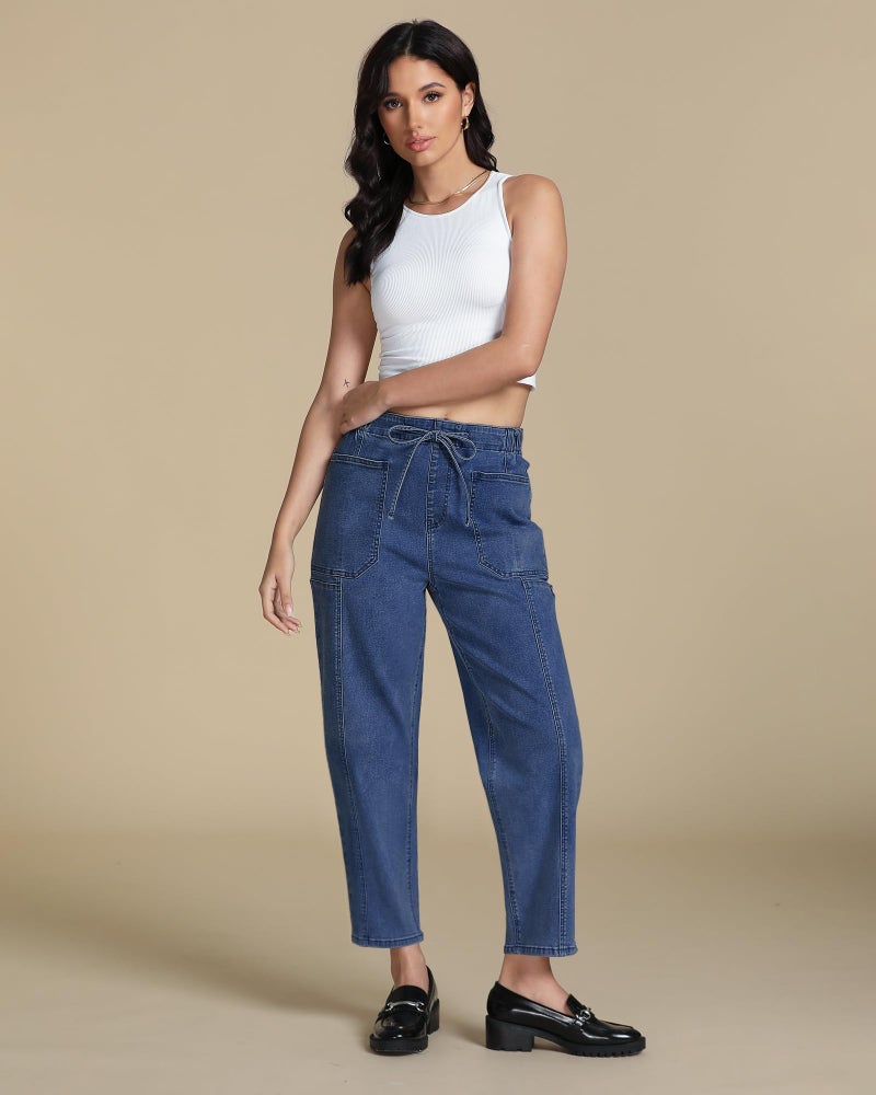 luvamia Blue Jeans for Women High Waisted Pull On Jeans for Women Women's Relaxed Fit Barrel Leg Pants Womens Stretchy Denim Cute Baggy Pants Medium Blue Size Medium Fits US 8-10 - Image 5