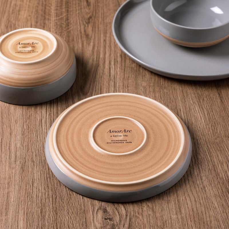AmorArc Ceramic Dinnerware Sets for 4, 12 Pieces Handpainted Plates and Bowls Set with Rustic Terracotta Underside, Scratch Resistant Stoneware Dishes Set, Dishwasher & Microwave Safe, Gray - Image 4