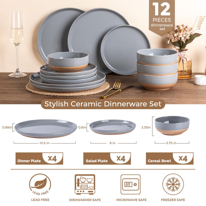 AmorArc Ceramic Dinnerware Sets for 4, 12 Pieces Handpainted Plates and Bowls Set with Rustic Terracotta Underside, Scratch Resistant Stoneware Dishes Set, Dishwasher & Microwave Safe, Gray - Image 3