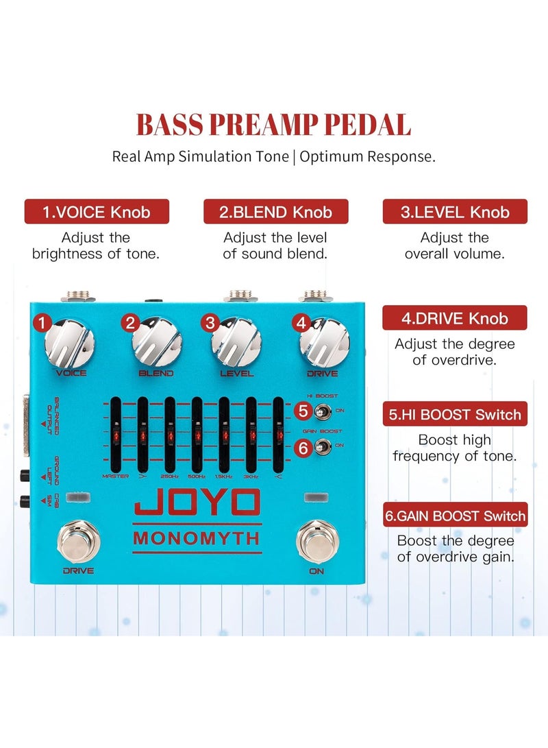 جويو دواسة بيز كهربائي R-26 – تأثير أوفردرايف ومحاكي الأمبليفاير مع 6 نطاقات EQ ومفتاح تقليل الضوضاء لعازفي البيس والجيتار الكهربائي - Image 2