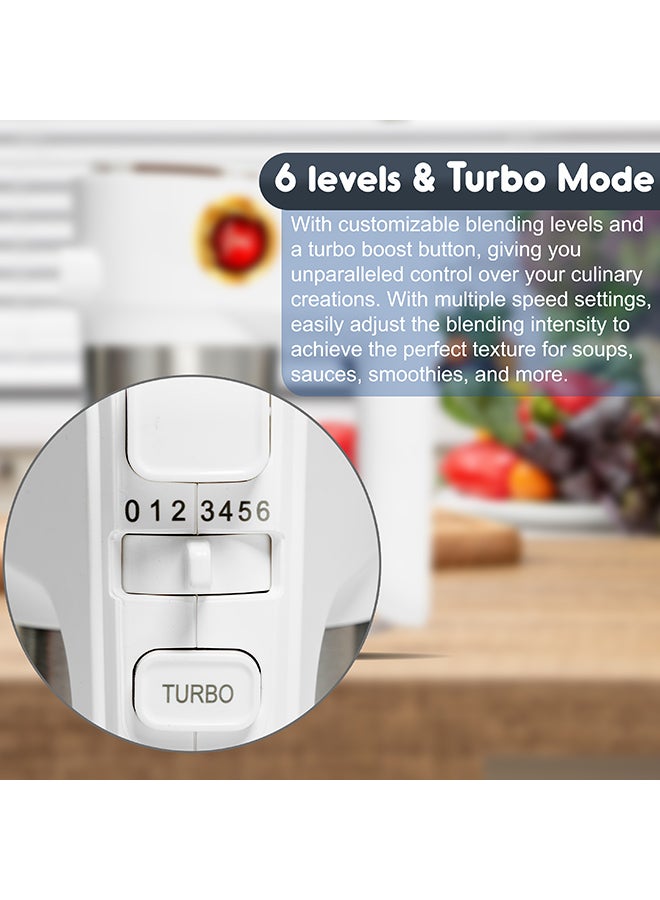 NIKAI Hand Mixer - 6 Speed With Turbo Function, 2 Beaters, 2 Hooks, And Easy Eject Button For Effortless Mixing, Professional Electric Handheld Mixer For Baking 300 W NH787T2 White/Silver - Image 5