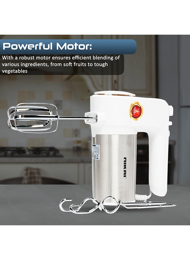 NIKAI Hand Mixer - 6 Speed With Turbo Function, 2 Beaters, 2 Hooks, And Easy Eject Button For Effortless Mixing, Professional Electric Handheld Mixer For Baking 300 W NH787T2 White/Silver - Image 4