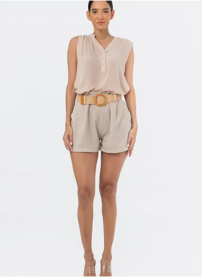 هايليز High-Waisted Beige Shorts with Belt - Casual Summer Shorts