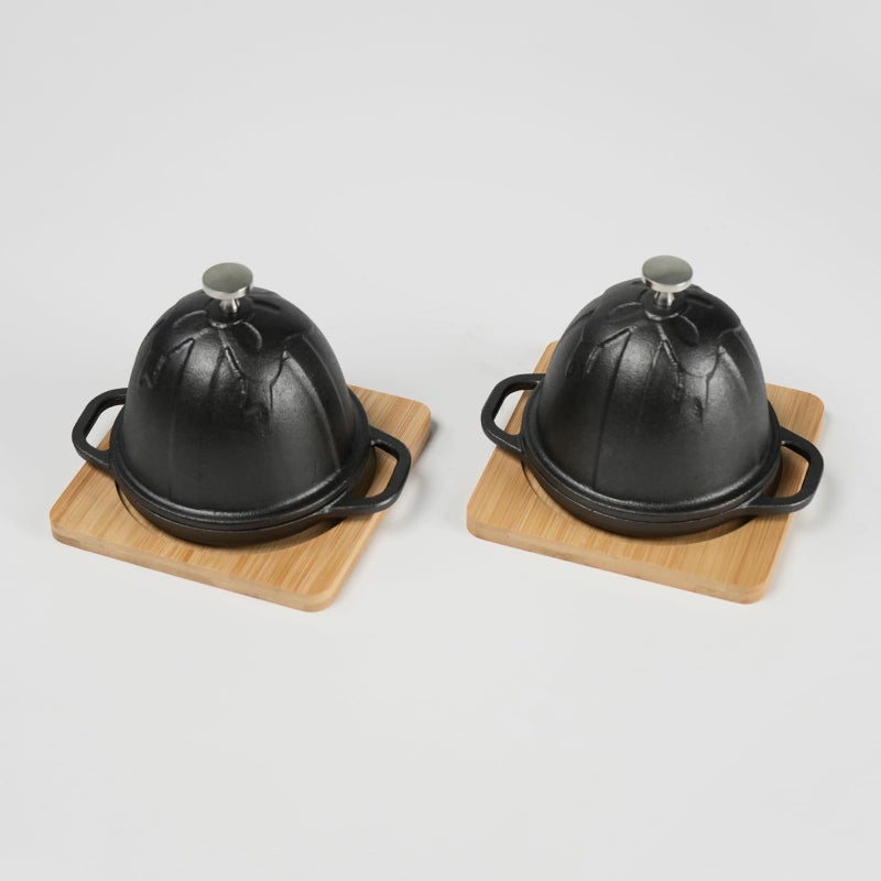 HAWOK PreSeasoned Cast Iron Garlic Roaster with Bamboo Tray BBQ Grill Garlic Baker Mini Cocotte Black Set of 2